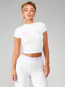 Missguided x Playboy Bộ đồ ngủ nữ tay ngắn crop top và quần ống rộng in hình thỏ hồng - trắng - Xem 6