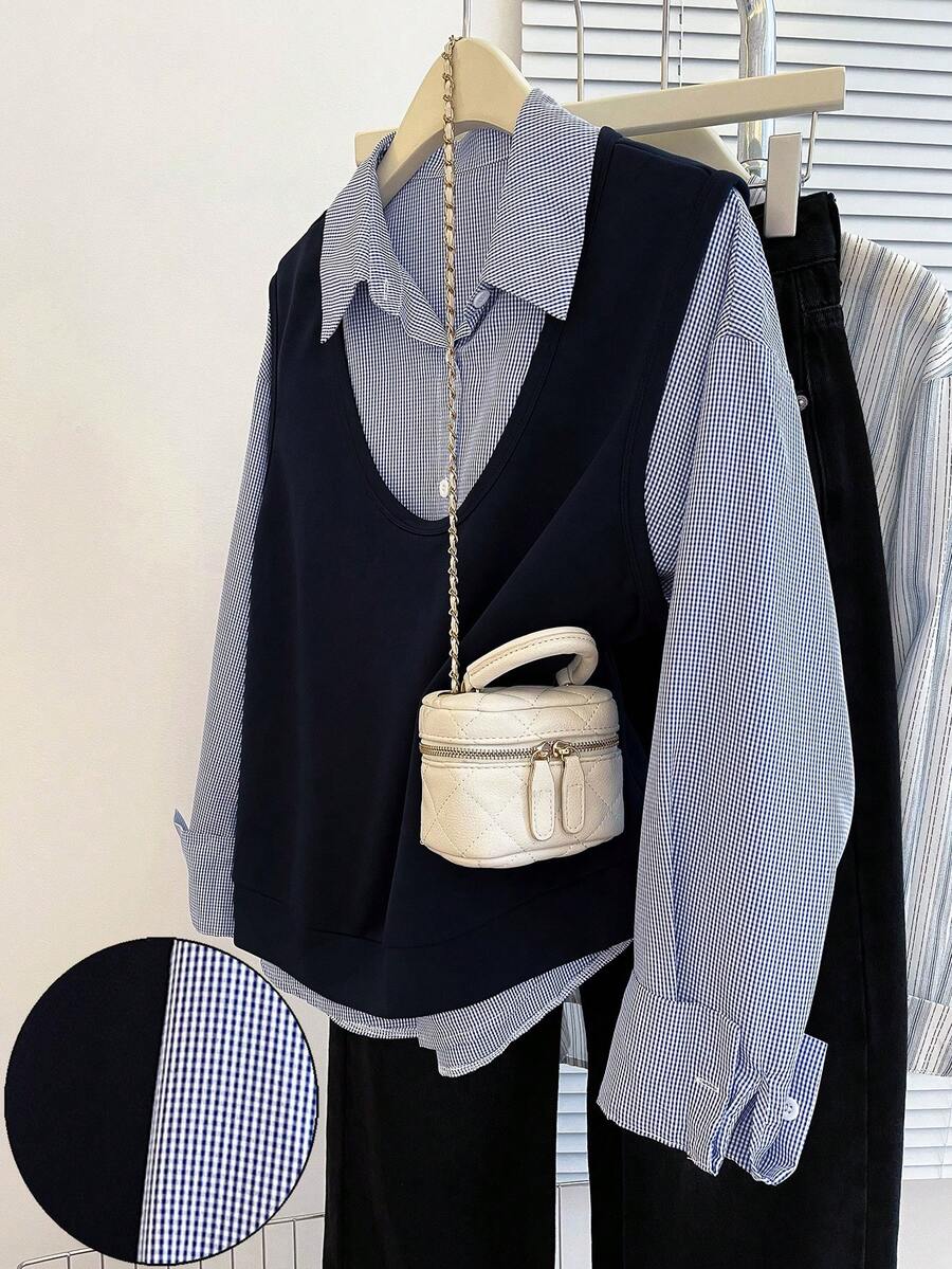 Resyla 2 件女士休闲/办公室通勤条纹印花长袖衬衫和背心套装，春秋