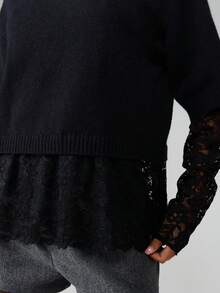 MISSGUIDED Turtleneck Cropped Long Sleeve Lace Detail Hem Jumper Sweater Fall Winter Casual Layering Top - Black - View 5