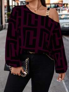 EMERY ROSE Plus Geo Print Asymmetrical Neck Lantern Sleeve Blouse, For Thanksgiving One Shoulder Top - Red Violet - View 1
