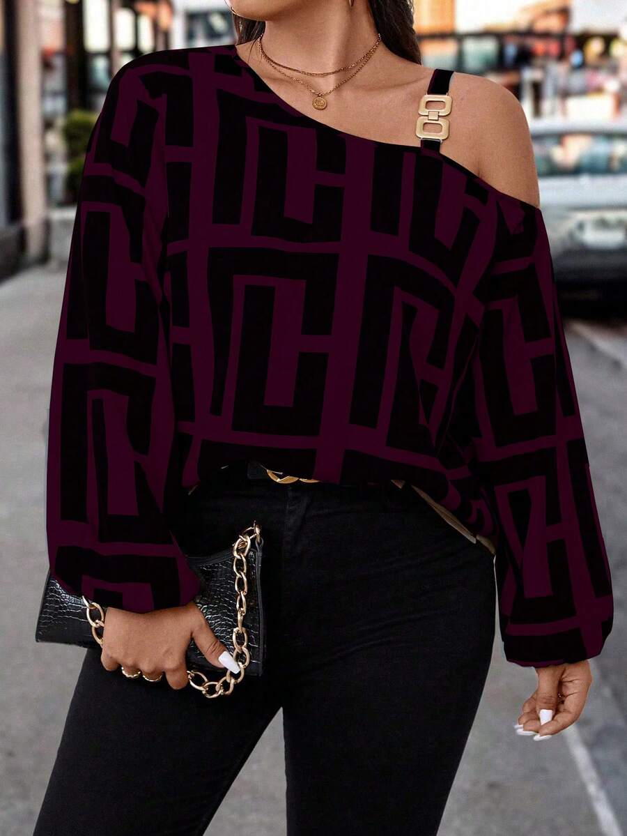EMERY ROSE Plus Geo Print Asymmetrical Neck Lantern Sleeve Blouse, For Thanksgiving One Shoulder Top - Red Violet - View 1
