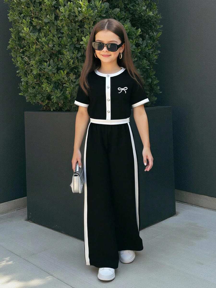 Firerie Kids Firerie Kids 少女宽松休闲简约舒适套头T恤套装，饰有3D立体花卉拼接图案，适合返校季穿着 - 淺灰色 - 查看 1