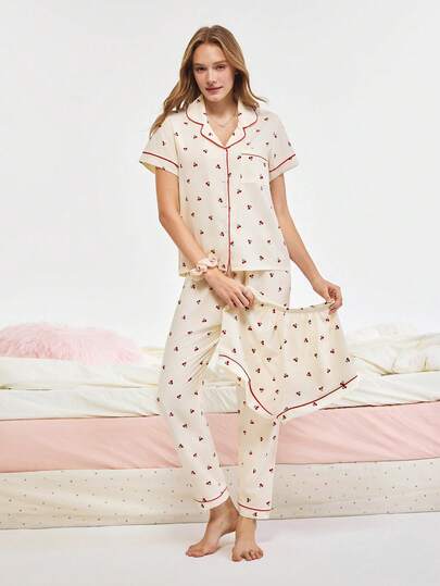 Bonmuse 女士樱桃印花短袖上衣、短裤和长裤三件套睡衣，休闲宽松家居服，适合居家和户外活动，春夏款