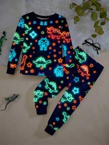 两件套幼儿男童彩色恐龙机器人印花夜光针织弹力柔软睡衣套装，长袖上衣和裤子，藏蓝色