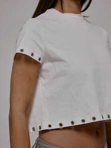 MUSERA 短款宽松镂空细节T恤，秋冬街头风，酷女孩Y2K日常休闲风，春夏假日风 - 白色 - 查看 2