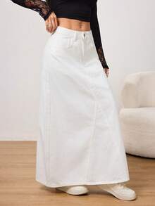 SHEIN PETITE 女士纯白色休闲通勤风百搭时尚舒适斜插口袋A字超长牛仔裙，秋冬季