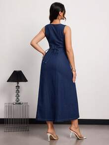 SHEIN Tall Women's Fashion Front Button Sleeveless Denim Dress, Suitable For Commuting Elegant V-Neck Commuter-Chic Metallic Floral Button Detailing Deep Blue Washed Denim Maxi Skirt - Dark Wash - View 2