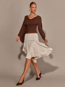 COSMINA Chân váy xòe bất đối xứng thanh lịch dành cho nữ, đa năng cho các buổi hẹn hò, đi làm, mọi mùa - Màu be - Xem 4