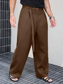 Manfinity Roghcode Manfinity LEGND Men's Black High-Waisted Pleated Wide-Leg Pants, Waist Decor Accent, Fashionable Versatile Brown High Waisted Wide Leg Western Loose - Coffee Brown - View 7