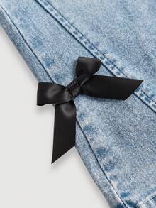 Girl's Light Blue Flared Jeans,Back-To-School Summer Y2K Style Flare Jeans With Side Bow Design,Elastic Waist,Soft Denim Fabric For Casual,Street OOTD - Medium Wash - View 4