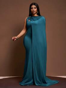 Slaydiva Plus Size Light Teal Summer Curve Elegant Cocktail Dress,Women's Cape Floor-Length Knitted Super Long Dress For Wedding,Party & Birthday Banquet - Teal Blue - View 3