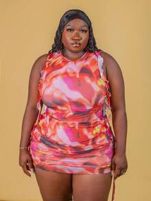 CurvyTilda Fall Clothes For Women,WinterPlus Size Women's Tie-Dye Print Pleated Patchwork Ruffle Hem Sleeveless Fitted Fashionable Dress - Red - View 6