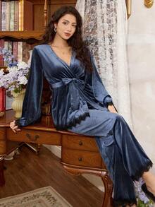 Côtesoire Women's Solid Color Velvet Lace Patchwork Long Sleeve Pajama Set - Dusty Blue - View 6