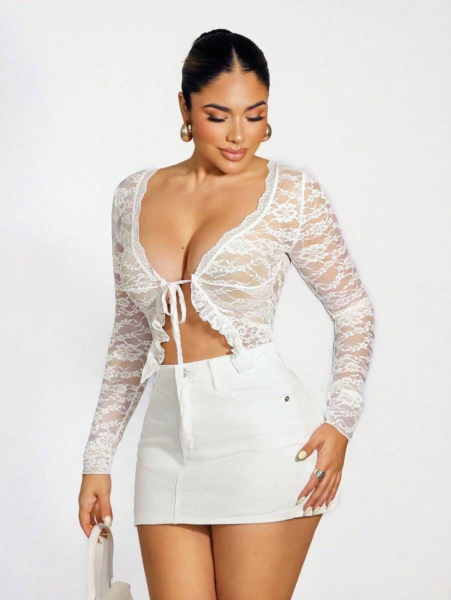 Sirith 女士性感透视蕾丝荷叶边系带外套，冬季 - 白色 - 查看 1