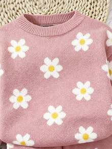 2pcs/Set Young Girl Heart Pattern Loose Casual Sweatshirt And Flare Pants Knit Suit - Pink - View 7