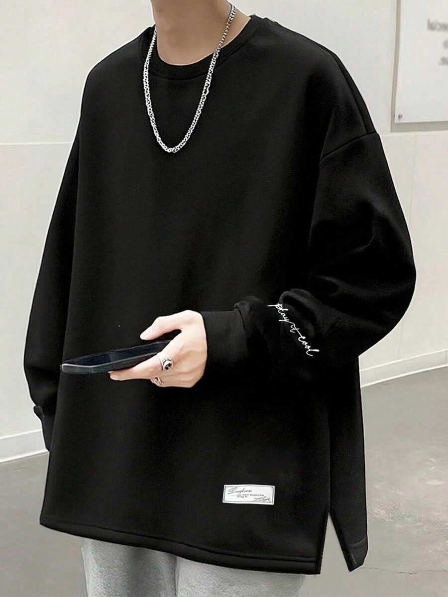 Claim Dot 宽松男士字母图案落肩开衩下摆卫衣 - 黑色 - 查看 1