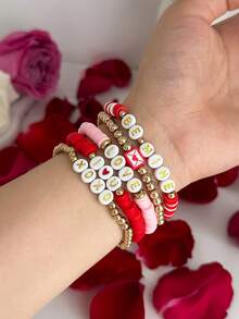 ROMWE Kawaii 5件套浪漫情人节手链套装，LOVE/XOXO串珠弹力手链，送给家人、朋友、同学、爱人的节日礼物 - 多色-字母串珠5pcs - 查看 3