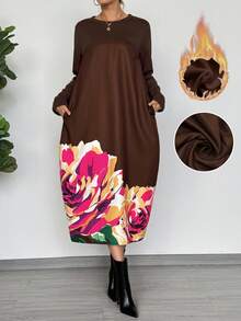 EMERY ROSE New Women's Casual Maxi Dress, Loose Fleece Patchwork Printed Pockets, Suitable For Autumn/Winter, Halloween, Christmas, Thanksgiving, New Year Party, Daily Wear, Commuting, Deep Brown - Brown - View 1