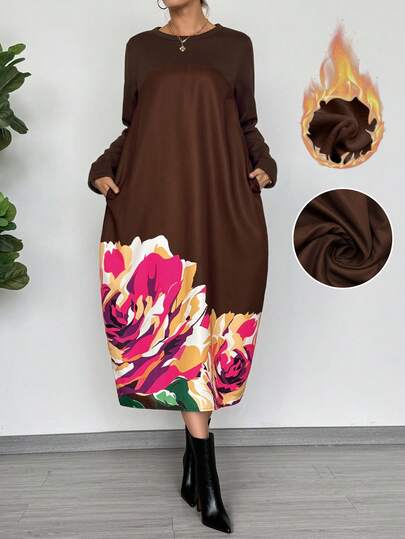 EMERY ROSE New Women's Casual Maxi Dress, Loose Fleece Patchwork Printed Pockets, Suitable For Autumn/Winter, Halloween, Christmas, Thanksgiving, New Year Party, Daily Wear, Commuting, Deep Brown