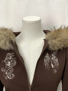 Sunspun 大码女式毛绒连帽卫衣外套，加厚保暖长袖带口袋拉链印花卫衣，秋冬季百搭单品 - 咖啡棕 - 查看 5