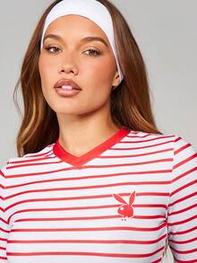 Missguided x Playboy Striped Long Sleeve Crop Top And Wide Leg Palazzo Pants Two Piece Lounge Set Casual Coordinated Outfit - Red and White - View 6