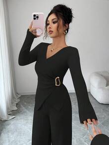 Selianne 秋冬新款纯色优雅通勤V领长袖T恤，金属扣装饰+阔腿弹力腰裤，女士休闲百搭两件套 - 黑色 - 查看 7