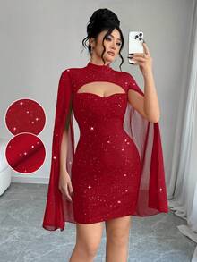 Elenzga Plus Size Women's Heavily Embellished Sexy Chiffon Patchwork Bodycon Dress - Red - View 1