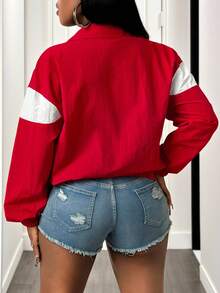 BamGleam Women's Casual Red And White Short Coat With Random Print And Zipper Details Woven Fabric Collar - Red and White - View 2