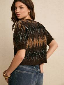 Poéselle Áo khoác cardigan tay ngắn họa tiết hình thoi dành cho nữ, áo len thanh lịch cho nữ, trang phục thường ngày, áo dành cho nữ dịp năm mới, thích hợp mặc hàng ngày, đi chơi, đi làm, mùa thu/đông, áo kiểu thanh lịch cho nữ. - Cà phê nâu - Xem 8