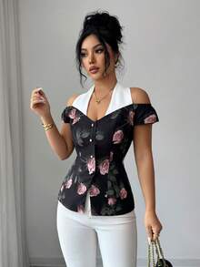 SHEIN Elenzya Spring/Summer New Elegant Women Blouse,Floral Patchwork Design,Suitable For Outing,,Party,Daily Wear,Valentine's Day,Pink And Black Blouse - Multicolor - View 4