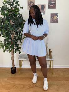 Truni 大码女式优雅轻盈条纹两件套 - 藍色 - 查看 3