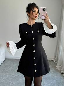 Selianne 女士格子金属纽扣装饰荷叶边袖口 A 字形性感短款黑色连衣裙，优雅