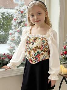 SHEIN Blouse décontractée pour préadolescentes avec manches bouffantes, patchwork floral sur fond unicolore. Blouse à manches longues avec motif floral, col carré pour préadolescentes et adolescentes. Blouse fleurie pour préadolescentes et adolescentes