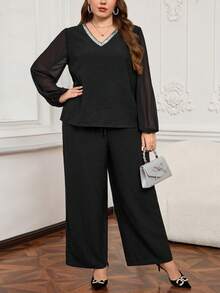 EMERY ROSE 2pcs Plus Size Elegant Sequin Patchwork Lantern Sleeve Top And Pants Set, Autumn Plus Size Party Outfit Plus Size Office Wear Plus Size Women Clothes Set Plus Size Elegant Outfit Valentine Outfits For Women Spring Break Outfits Summer Holiday Outfits Carnival Weddings & Events Elegant Dress Women