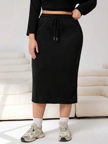 Solflare Plus Size Women's Black Casual Drawstring Waist Side Pocket Straight A-Line Skirt Fall - Black - View 3