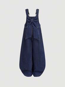 SHEIN 女童休闲百搭牛仔背带裤，饰有3D蝴蝶结设计 - 深色水洗藍 - 查看 2