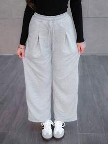Hitanina Celana Jogger Wanita Polos Model Lurus Longgar dengan Kantong dan Tali Serut di Pinggang, Celana Jogger Wanita Musim Gugur - Grey - View 3
