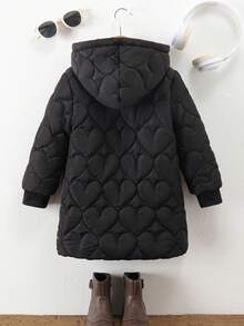 SHEIN Genkimix Kids Áo khoác có mũ trùm đầu, khóa kéo, lót lông mềm mại cho bé gái, áo khoác trẻ em, áo khoác mùa đông cho bé gái, áo khoác đen cho trẻ em - màu đen - Xem 2
