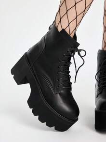 ROMWE Grunge Punk Fall/Winter 2025 Chunky Heel Waterproof Platform Boots, European Style Fashion Black Boots With Chain Rivet Decor, High Heel Lace-Up Boots,Match Fall Women Clothes - Black - View 4