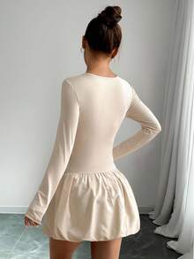 Vestido Corto De Mujer Con Cuello Redondo,Manga Larga, Pliegues,Casual Y Con Bajo Estilo Tulipán De Unicolor - Caqui - Ver 2