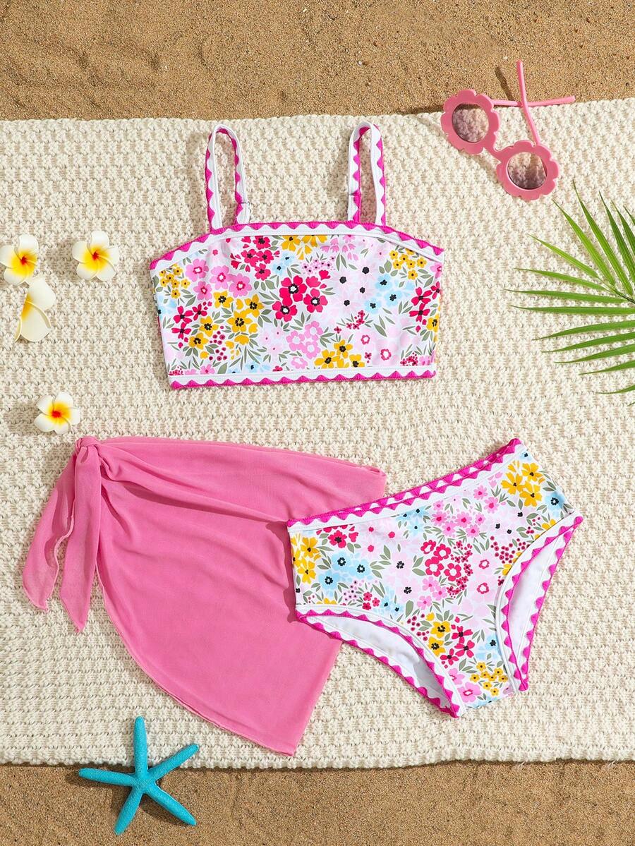 Young Girls 3-Piece Floral Bikini Set, Adjustable Strap Triangle Top, Triangle Bottoms, Mesh Skirt, Suitable For Vacation, Beach, Summer - Multicolor - View 1