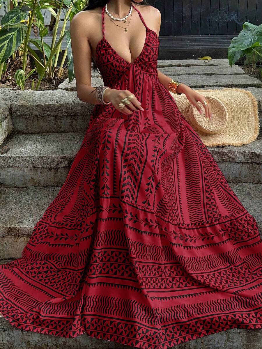 Sunnyshic 粉色数码印花修身露背系带连衣裙，法式V领沙滩度假风 - 彩色 - 查看 1