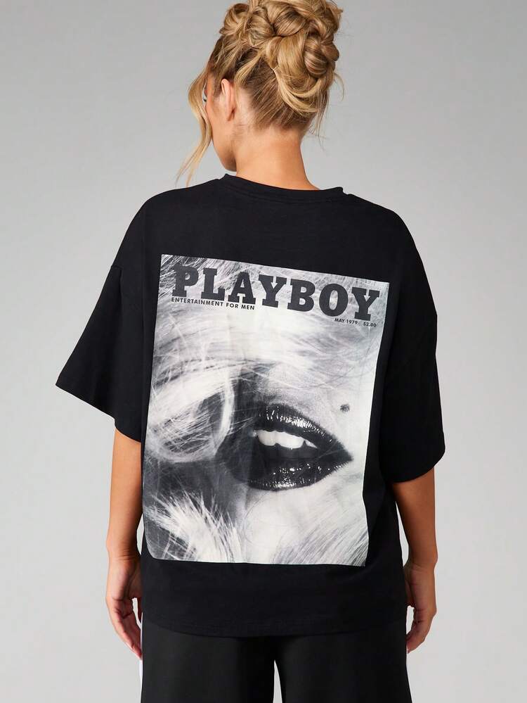 Missguided x Playboy Magazine Print Oversized Crew Neck Short Sleeve Cotton Tee With Large Chest Graphic Design