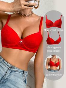 DesireSculpt 1pc Sexy Lace Simple Gather Push Up Wireless Bra For Small Bust Women - Red - View 1