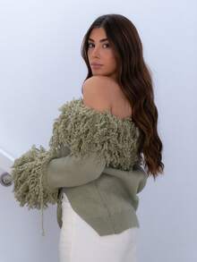 Hitanina 纹理蓬松针织露肩毛衣节日不对称肩上衣秋季秋冬日常圣诞节工作办公室 - 薄荷綠 - 查看 2