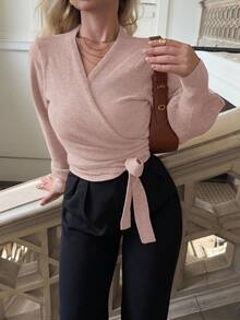 Jeta Ari 花卉裹身式短款V领系腰长泡泡袖休闲优雅女士毛衣 - 粉色 - 查看 3