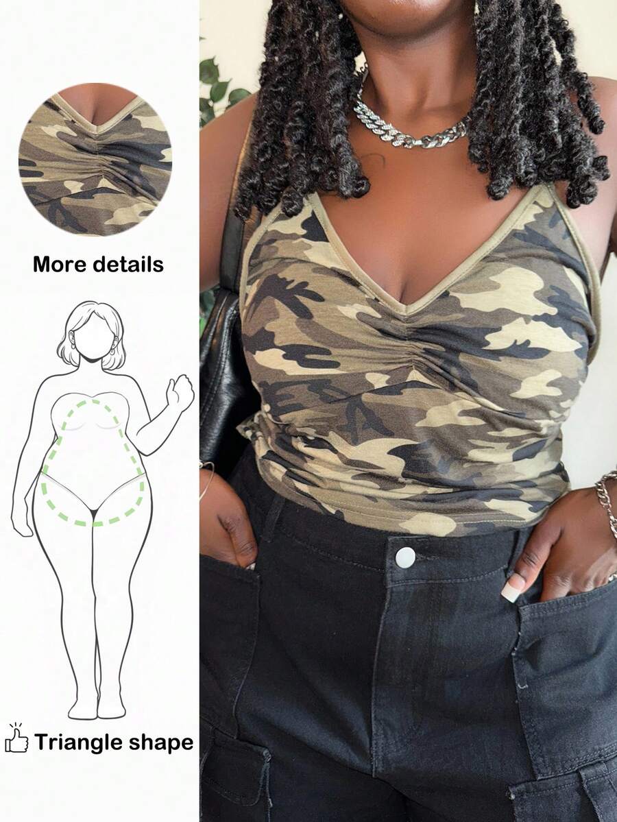 Truni 大码夏季休闲迷彩露背吊带上衣 - 軍綠色 - 查看 1