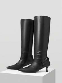 MOTF 2024新款尖头直筒高跟及膝靴 - 黑色 - 查看 4