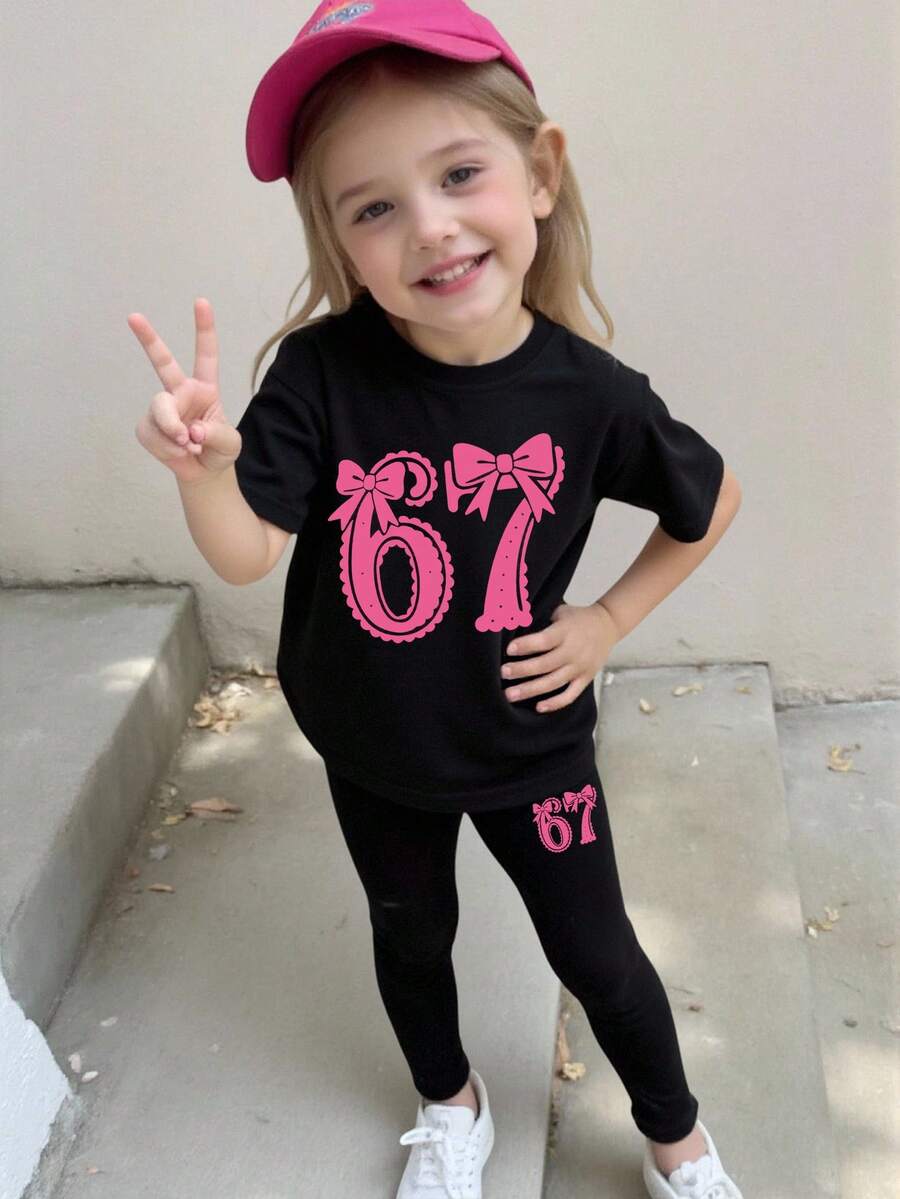 2pcs/Set Baby Girls Casual Fashion T-Shirt & Leggings Set, Bow & Digit 67 Pattern, Loose Round Neck Short Sleeve Tee And Pants, Comfortable Outfit For Spring/Summer, Suitable For Outdoor, Casual, School, Party, Gift - Black - View 1