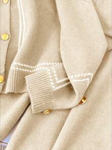 SHEIN Franclia 女士圆领单排扣开衫搭配针织裤，时尚休闲通勤套装，秋冬款 - 卡其色 - 查看 6